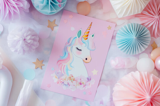 Festive unicorn-themed birthday invitation flat lay with pastel decorations and party essentials.