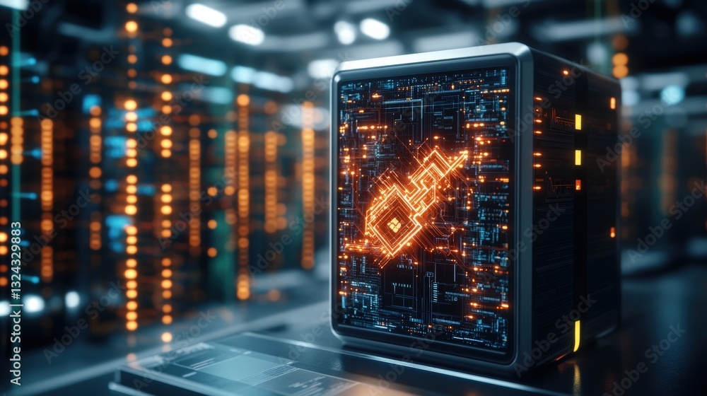 Poster computer featuring a unique glowing design on its surface representing the intersection of technolog