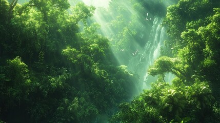  Young rainforest trees thriving in a lush tropical environment, vibrant green leaves glistening under the humid air, surrounded by dense foliage.