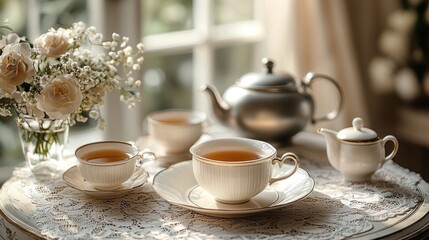 Obraz premium Teacups, teapot, milk jug, and flowers on lace tablecloth by sunny window.