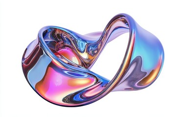 Futuristic liquid chrome ribbon in multicolor reflections, isolated on clear white background