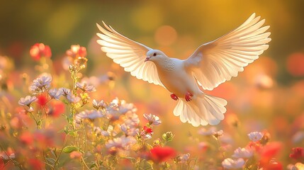  White dove soaring above blooming meadow, wings glowing in morning light. Serene atmosphere enhanced by soft sun rays filtering through delicate flower petals.
