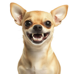 Obraz premium Happy dog grinning wide with bright teeth and playful expression showcasing joy and affection in a fun outdoor setting isolated on a white background.
