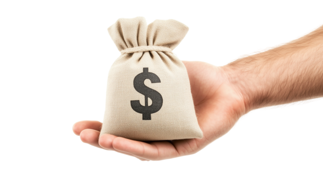 Hand Holding Money Bag isolated on white or transparent background, png clipart, design element