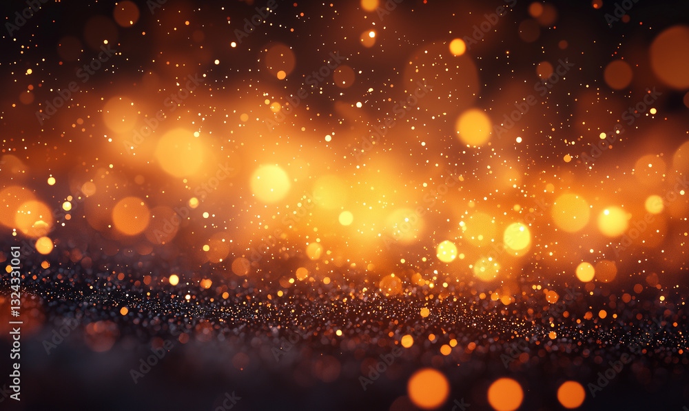 Poster radiant abstract background with glowing particles and bokeh effects in warm tones.