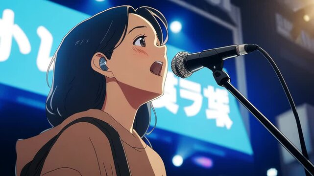 Anime animation capturing the raw passion of a young woman, microphone in hand, performing on a brightly lit stage during a concert, embodying artistic expression and a love for music.