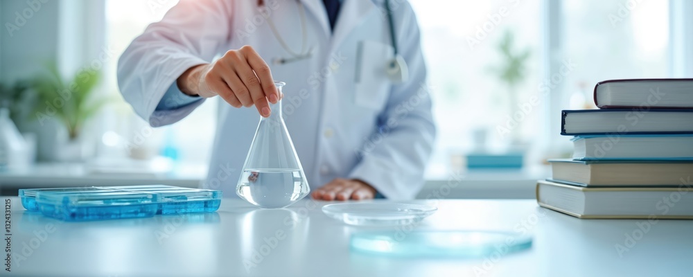 Poster scientist holds flask with liquid in research science lab. books stack at banner background. researc