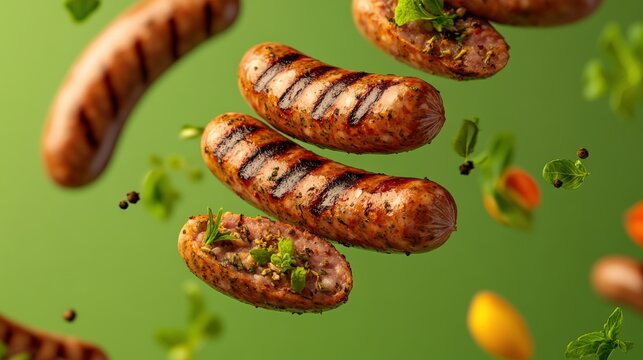 Playful bunch of whole grilled sausages flying in the air capturing the essence of fun and culinary delight