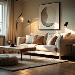 A stylish living room features a light-colored sofa adorned with soft cushions and a wooden coffee table. The warm lighting creates a welcoming ambiance, emphasizing the serene decor