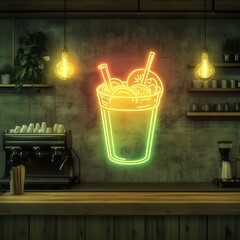 glowing neon sign outline sketch of smoothie iced fruit juice in a coffee shop wall 