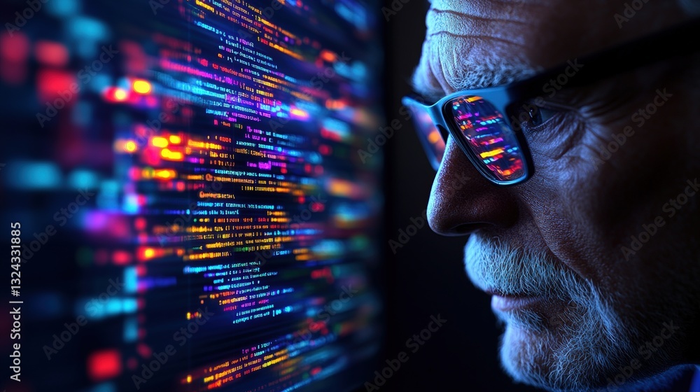 Poster older man with glasses intently observing computer screen while engaged in thoughtful work at a work