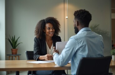 African young woman smiling during job interview handing over resume to manager. Recruitment process in company. HR specialist evaluates candidate. Successful career, employment, work opportunity,