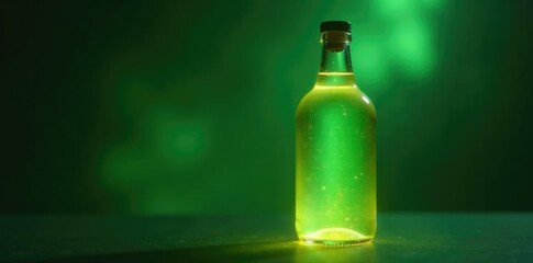 The bottle's green glass glows with a soft ethereal light, glow, warm