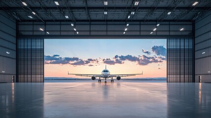 A plane ready for takeoff inside a hangar with a breathtaking sunset view.