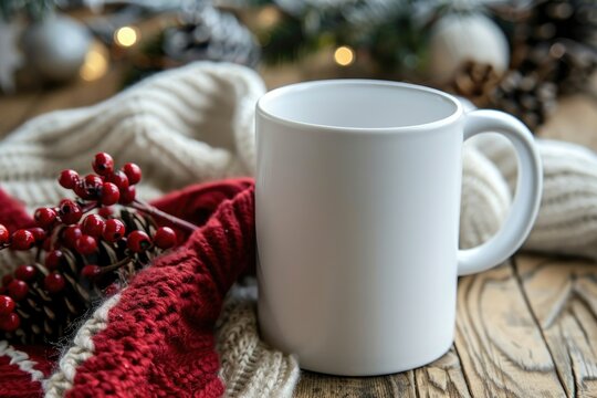high definition picture of White blank coffee mug for Christmas theme mockup.
