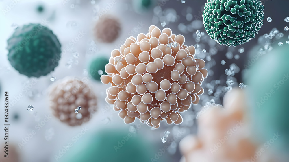 Aufkleber 3d render of microscopic viruses and bacteria in peach and green colors with blurred background