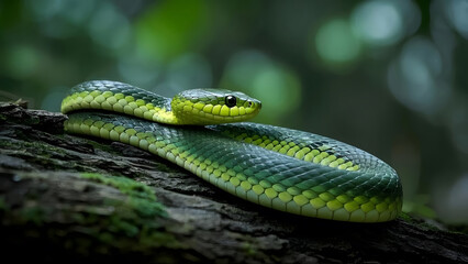 Fototapeta premium A close-up of a vibrant green and dark-green pit viper coiled on a mossy, dark-brown tree trunk, with a blurred, lush green forest background,