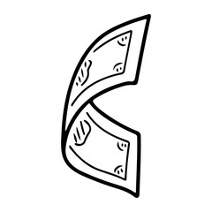 Paper money bill. Hand drawn doodle. Curved banknote. Equivalent value. Finance. Banking services. Vector line art illustration.