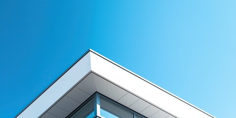 Modern Building with White Facade Against Blue Sky, Minimalist Style
