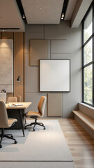 Fototapeta premium An office room with a large desk, chairs, and acoustic foam on the walls.