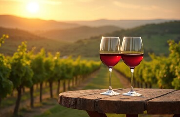 Two glasses of red wine stand on table outdoors overlooking Tuscan landscape vinery. Evening sunset light shines on vineyard hill. Beautiful European scenery ideal relaxation, calmness. Wine tasting
