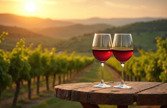 Two glasses of red wine stand on table outdoors overlooking Tuscan landscape vinery. Evening sunset light shines on vineyard hill. Beautiful European scenery ideal relaxation, calmness. Wine tasting
