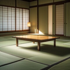 This peaceful room features a simple wooden table at its center surrounded by tatami mats. Soft natural light streams through the shoji screens, creating a serene atmosphere