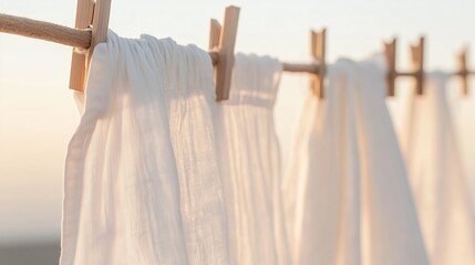 White fabric hanging on a clothesline at sunset creating a peaceful and serene atmosphere