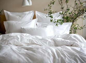 A blue bed is covered with white pillows, a duvet, and a duvet case
