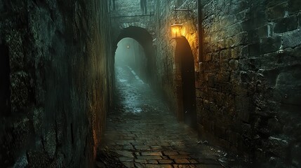Naklejka premium Massive stone walls towering over a narrow alley with no visible exit, creating a confined and imposing architectural structure.