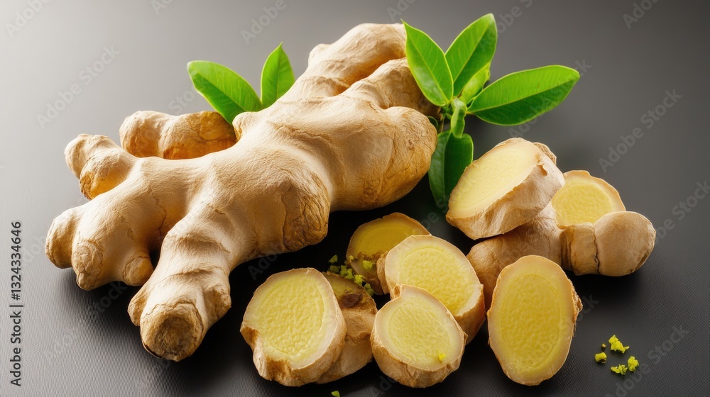 Poster fresh ginger root with slices displayed in stunning detail under studio lighting emphasizing its nat