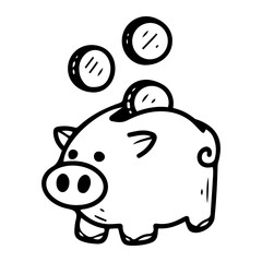 Piggy bank with coins. Hand drawn doodle. Saving money. Savings funds. Vector line art illustration.