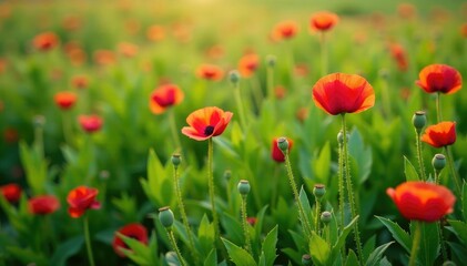 Fototapeta premium A bed of soft green wild poppy foliage covering the ground, blossoms, flowers, blooms