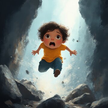 Ilustraci&oacute;n ni&ntilde;o chico cayendo entre dos rocas con los brazos extendidos, y dando una gran zancada, con cara de susto y gritando, fondo una cueva, visto desde abajo, riesgo de caer accidente, sue&ntilde;o