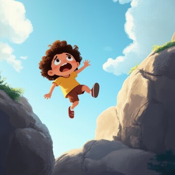 Ilustraci&oacute;n ni&ntilde;o chico saltadlo entre dos rocas con los brazos extendidos, y dando una gran zancada, con cara de susto y gritando, cielo azul, visto desde abajo, riesgo de caer, accidente, sue&ntilde;o, meta