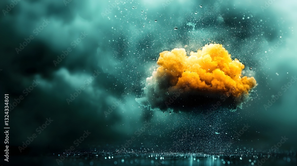 Poster ethereal wispy clouds showering droplets of rain over a deep charcoal colored surface creating a ser