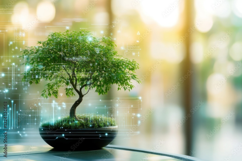 Poster digital growth concept with tree and technology elements in soft natural background