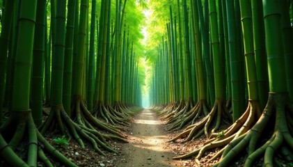 Twisted and gnarled tree roots in a bamboo grove, greenery, asia