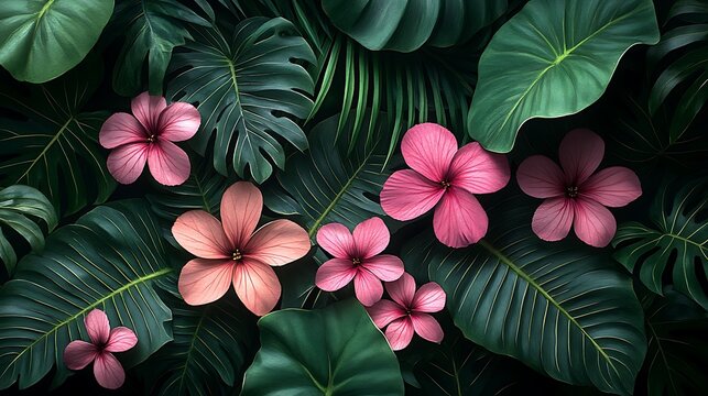 Tropical flowers and leaves, lush background, nature, visual