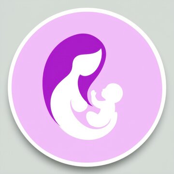 Icono logo silueta blanca madre cargando bebe dentro de un c&iacute;rculo lila, representando derecho a la lactancia materna de reci&eacute;n nacidos, permiso, conciliaci&oacute;n familiar, organismo, defensa, cartel