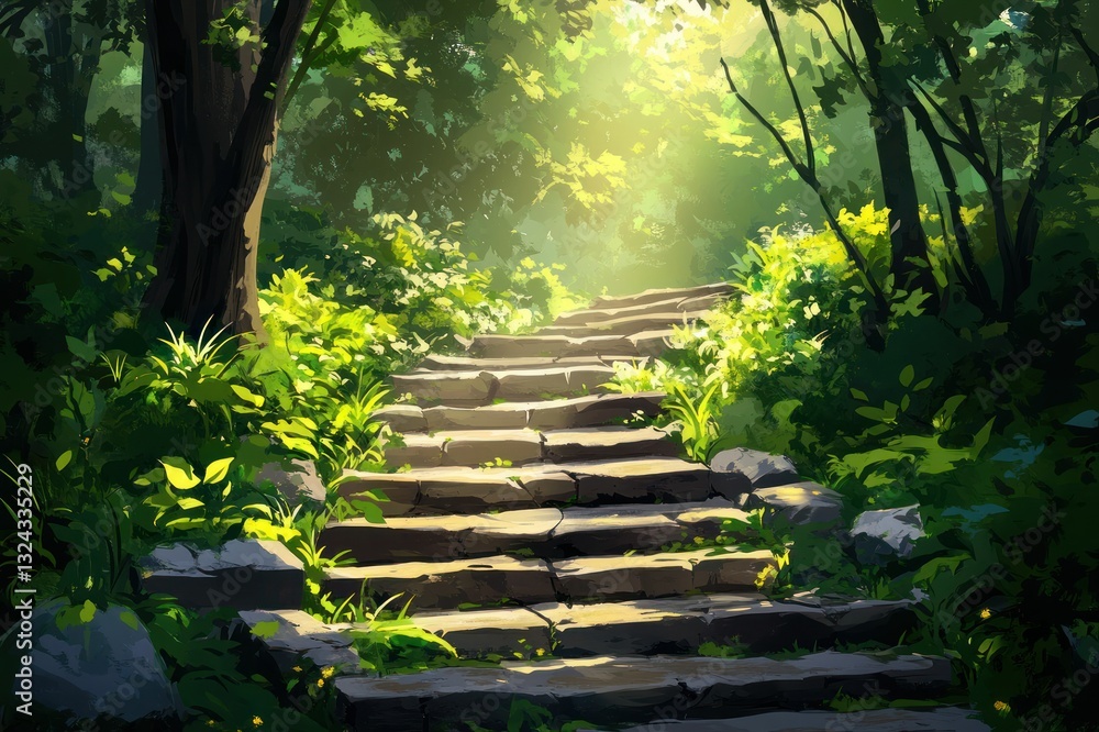 Poster tranquil pathway through lush greenery in a serene forest setting with sunlight streaming