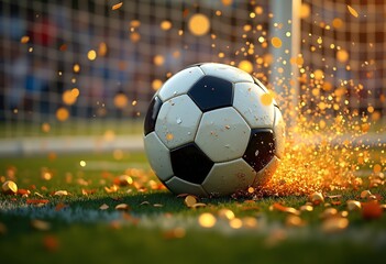 Fototapeta premium Soccer ball being kicked into the goal net with golden sparkling confetti and glitter. photo.