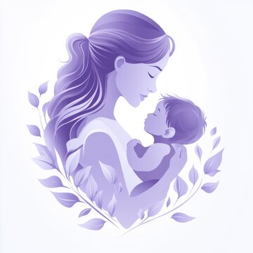 logo silueta violeta de una madre cargando a su bebe en brazos, rodeados de hojas en forma de coraz&oacute;n, visto de perfil, relaci&oacute;n maternal, alimentaci&oacute;n y cuidados de un reci&eacute;n nacido, d&iacute;a de la madre