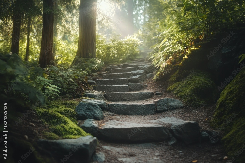 Poster serene forest path with sunlight filtering through trees and mossy stones