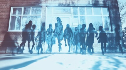 Obraz premium Group of children are running in front of a school building