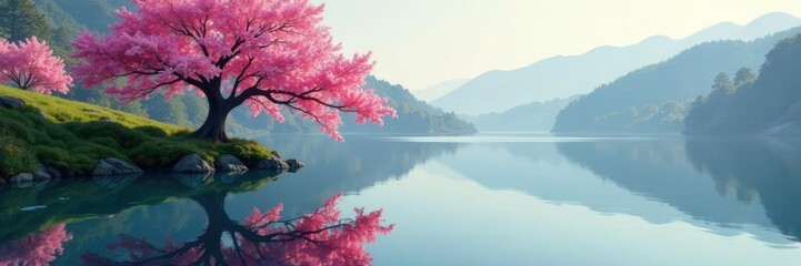 Fototapeta premium A blooming tree's reflection in the lake's glassy surface, lake, watery