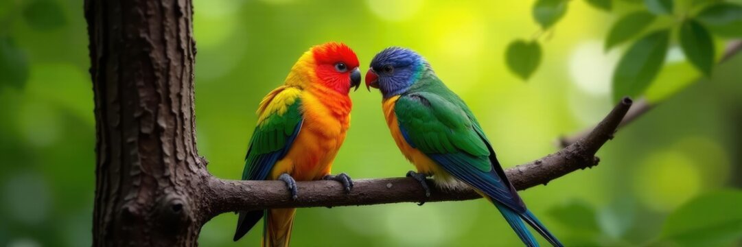 Un par de loros se posan en una rama de un ?rbol frondoso, animalia, lora, wildlife