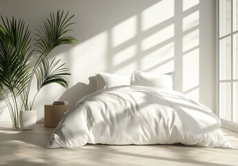 The interior showcases a sofa with white bed linen, and the bedroom is equipped with a bed, white bedding, a bedside table, white pillows, a duvet, and a duvet case, all on a bed with a blue