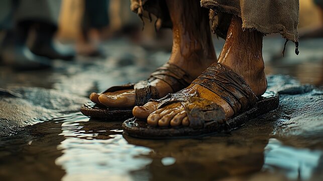  Disciples&rsquo; sandals neatly placed beside basin as Jesus continues His work, robe slightly damp from water. Quiet humility captured in sacred act of service.
