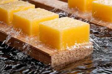 Naklejka premium Fresh yellow soap bars on a wooden tray with water splashes